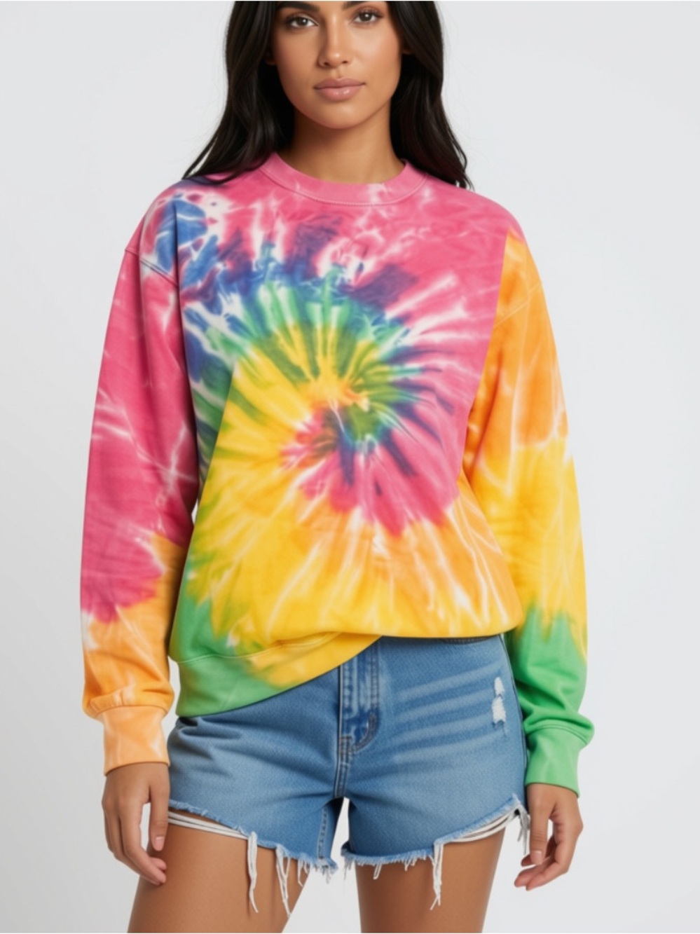 Colorful Rainbow Tie-Dye Crewneck Fleece Pullover Sweatshirt